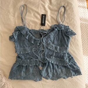 PrettyLittleThing Dusty Blue Lace Ruffle Cami